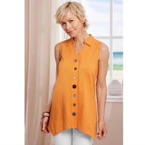 NWT Soft Surroundings Danielle Button Tank Apricot Tan Collared Shark Bite XS